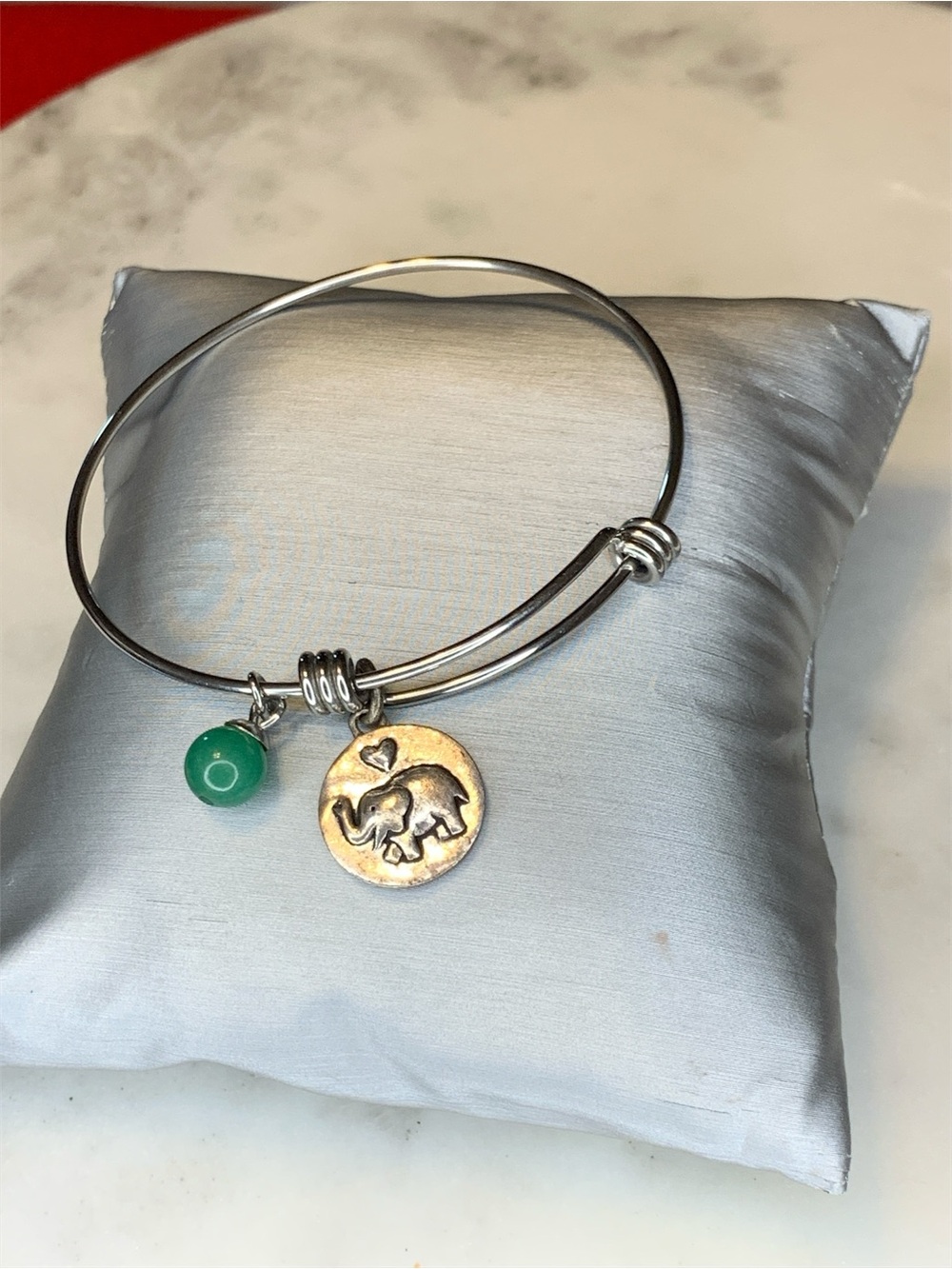 Silver Elephant Charm Bangle with Green Bead